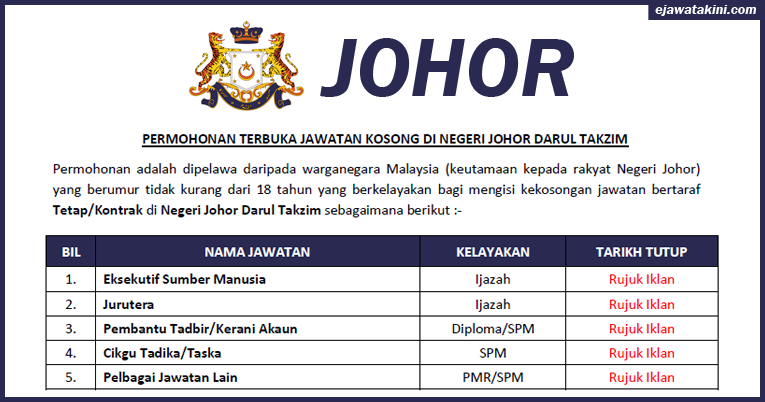 Permohonan Terbuka Jawatan Kosong Negeri Johor Darul Takzim Ejawatankini Com