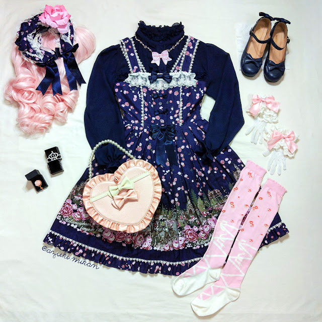 a lolita fashion coordinate featuring Memories Garden Frill JSK in navy from Metamorphose temps de fille