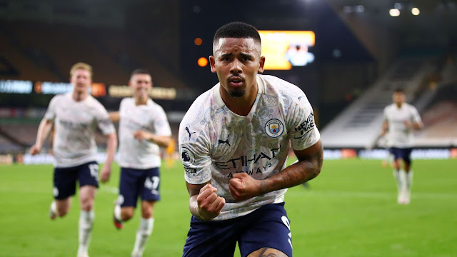 Gabriel Jesus celebrates in front of the camera after adding Manchester City's third goal in added time during Wolves 1-3 Man City