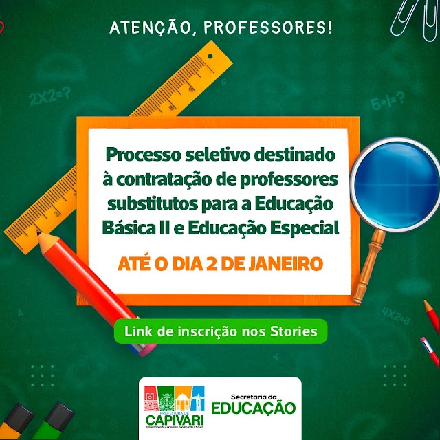 Concurso para professor na prefeitura de Capivari. Inscrições até 2/1/24