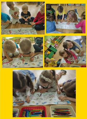 Żółte tło 5 zdjęć sala dzieci kolorują pracę plastyczną wiersz Lokomotywa rozłożony na podłodze obok pudełka z kolorowymi kredkami