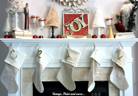 Vintage, Paint and more.. Christmas mantel with diy stockings and glittered monograms, diy JOY sign of paper and paint