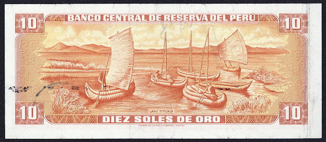 Peru money currency 10 Soles de Oro banknote 1976 Lake Titicaca