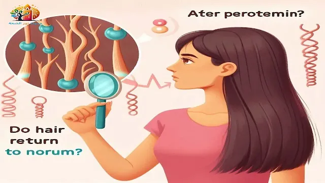امرأة تنظر إلى شعرها المتنامي بتساؤل "هل يعود الشعر لطبيعته بعد البروتين؟" مع صورة توضيحية لبنية الشعرة.