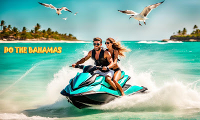 happy tourist couple riding jetski on tropic sea