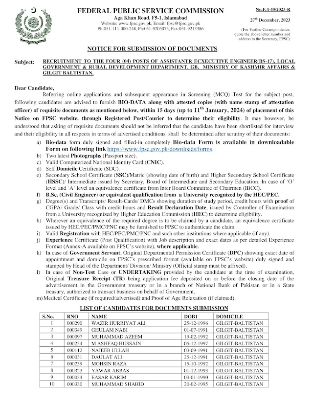 FPSC Notice for submission of Documents For the post of Education Department GB & LGRD