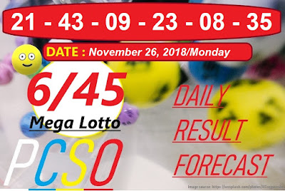 November 26, 2018 6/45 Mega Lotto Result 6 digits winning number combination