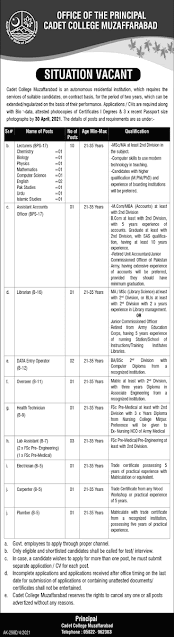 New Jobs in Cadet College Muzaffarabad. Cadet Collges Jobs advertisement Published today in Nawaiwaqat Newspaper. Cadet College Muzaffarabad invites suitable candidate for jobs in Cadet College Muzaffarad. Interested candidates can apply for Cadet College jobs  before closing date 30 April 2021.
