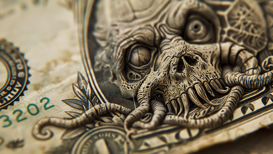 Intricate artwork on currency, featuring a detailed, monstrous face with tentacles and intense eyes.