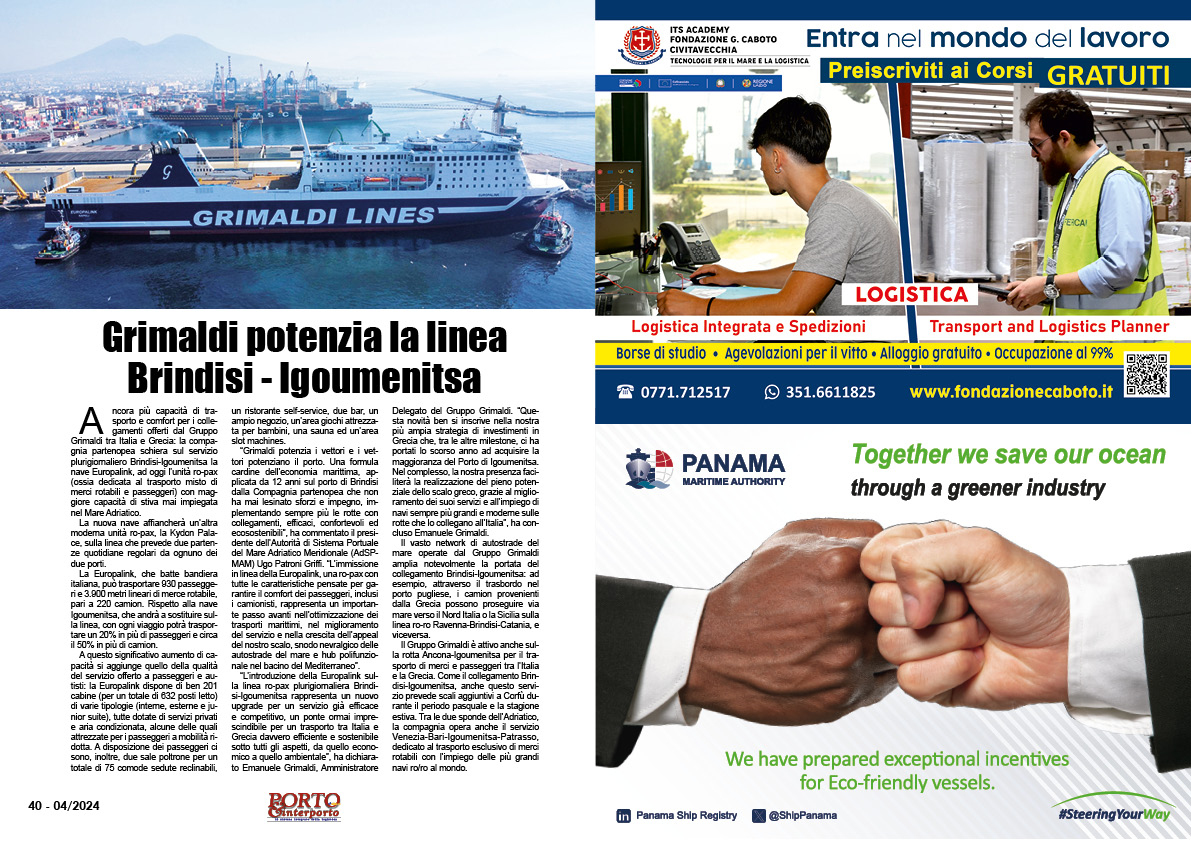 APRILE 2024 PAG. 40 - Grimaldi potenzia la linea Brindisi - Igoumenitsa