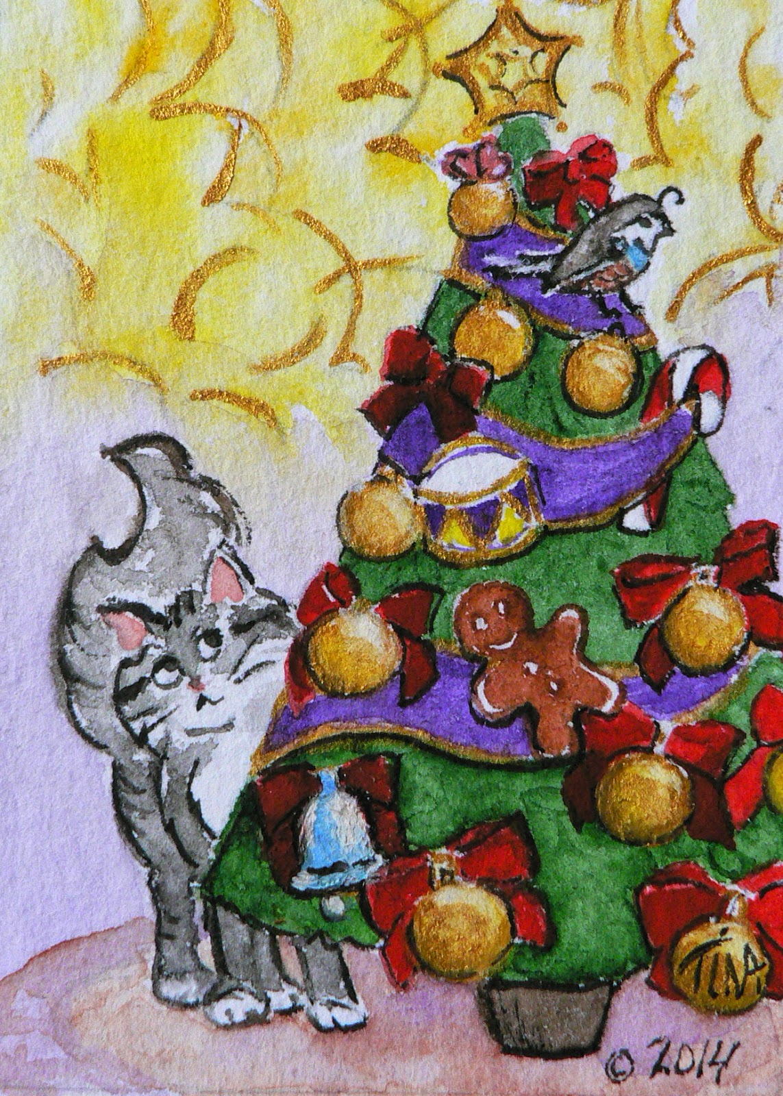 "Partridge in a Fir Tree" 3.5x2.5" watercolor on paper, ©2014 Tina M Welter  Grey cat thinking about jumping for the partridge in the Christmas tree.