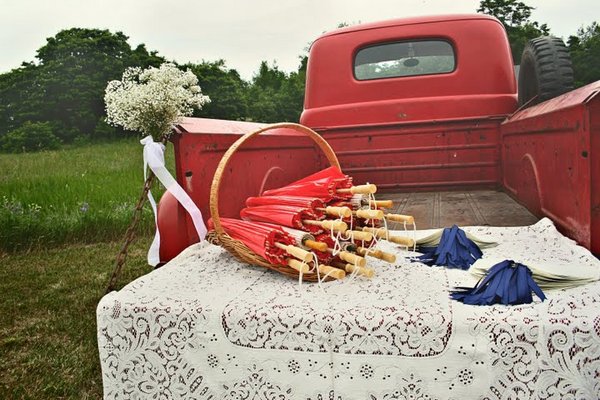 old red truck, antique cars at weddings, baby's breath bouquet