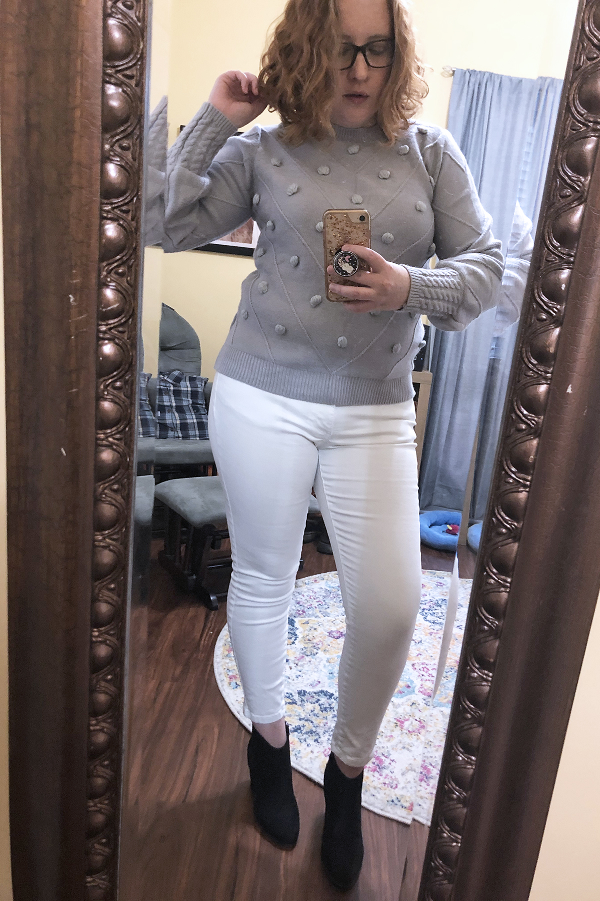 white jeans grey embellished sweater