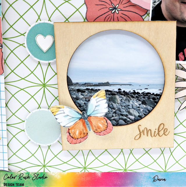 Vacation scrapbook layout with DIY punched circles and fussy cut paper embellishments created with the exclusive Color Rush Studio May Color Club Kit.