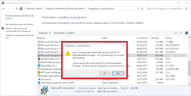 Error al intentar desinstalar Microsoft Visual J # 2.0 Redistributable Package - Segunda edición. Es posible que ya se haya desinstalado.