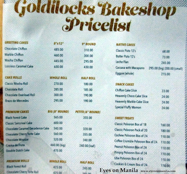 Goldilocks Menu and Pricelist 2016