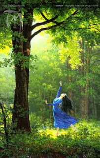 The elf Lúthien Tinúviel wearing a deep blue dress, dancing in a lovely green forest