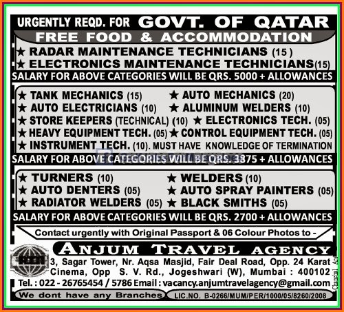 Urgently Required For Govt. of Qatar