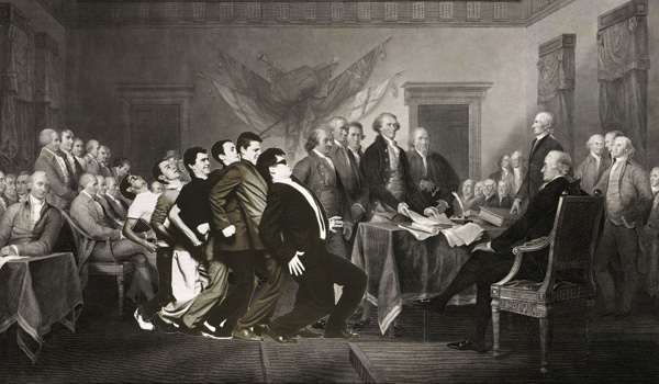 The members of the ska band Madness have been inserted into a print of the US founding fathers signing the Declaration of Independence.