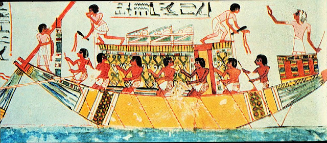 Men in Oar boat, Egyptian tomb painting from 1450 BCE