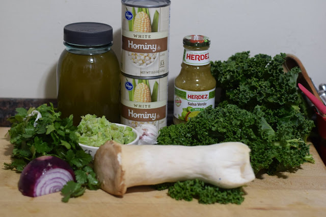 The ingredients needed to make the easy vegan pozole verde recipe