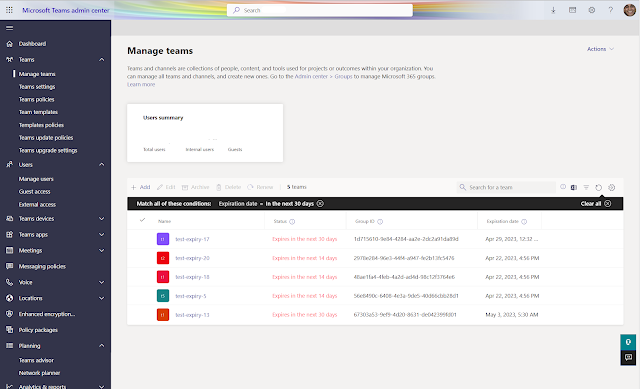 Image displaying search query results in Microsoft Teams Admin Center, showcasing a list of teams expiring in the next 30 days, emphasizing the efficient management of team renewals.