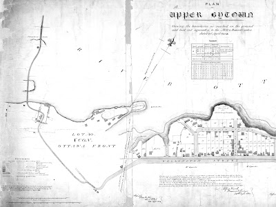 1845 Plan of Upper Bytown Shewing the boundaries as marked on the ground and laid out agreeably to the M. G. & Board's order, with a boundary line added 1848 showing the northern limit of the Sparks property (Lot C, Concession C). Wellington Street is laid out on the right side of the map, with Upper Town lots and building outlines drawn north of it (between modern day Bronson and Bank). South of Wellington Street it just says Mr. Sparks and Kent Street is vaguely drawn. At the west end of Wellington, just before modern day Bronson, the road turns southwest and begins to narrow to a small lane, before reaching Pooley's bridge (the waterway underneath it not being drawn in) and then extending west as a narrow ribbon toward the Chaudiere crossing.