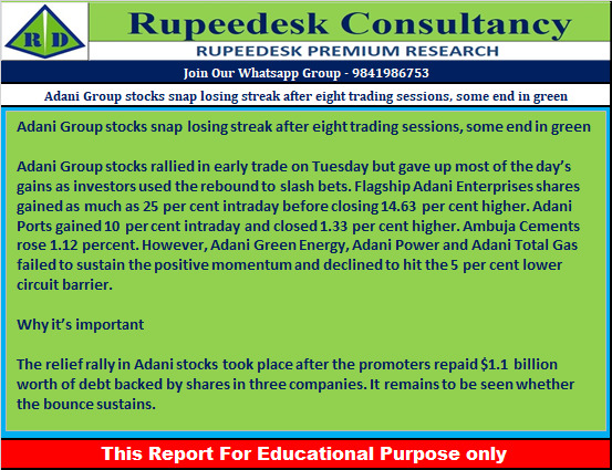 Adani Group stocks snap losing streak after eight trading sessions, some end in green - 08.02.2023