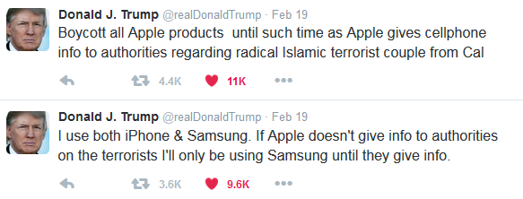 Donald Trump boycott all Apple products Twitter tweet iPhone