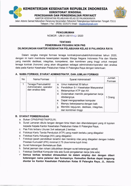 Penerimaan Pegawai Non Pns Kantor Kesehatan Pelabuhan Kelas Iii Palangkaraya Rekrutmen Lowongan Kerja Bulan Juni 2021