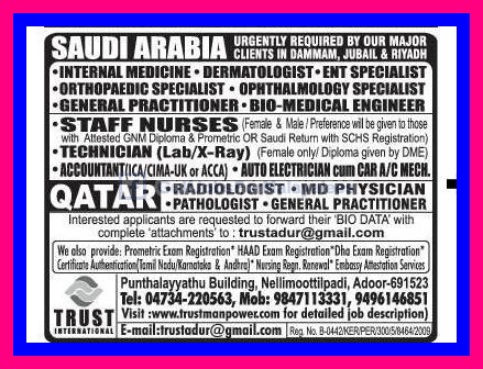 Large Medical Jobs For KSA & Qatar
