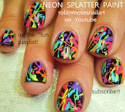 splatter paint nails, pollock splatter, neon splatter nail, neon on black .