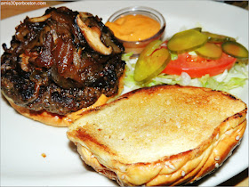 Kobe Burger: American Style Kobe Beef with Sauteed Mushrooms, Spicy Mayo and Onions