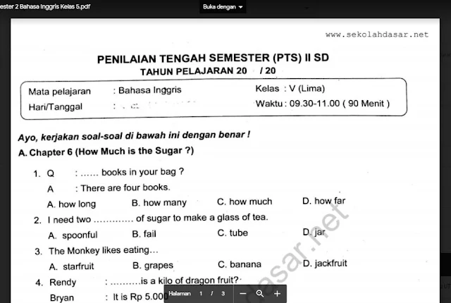 Soal PTS atau UTS Semester 2 Bahasa Inggris Kelas 5