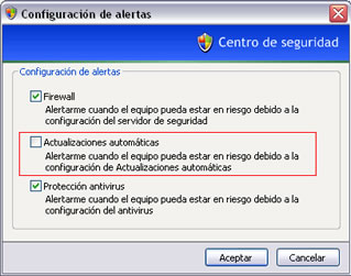 Configuraci�n de alertas del Centro de Seguridad de Windows