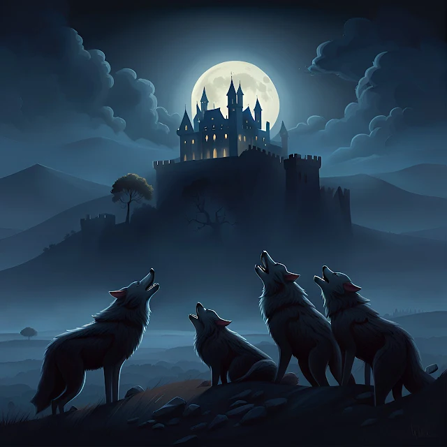 Lobos uivando para o castelo de Drácula nos Cárpatos
