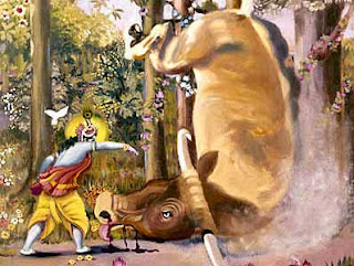 Krishna seizing and breaking the neck of the bull demon who came at duck to attack him and sent the cattle, cowherds ad cowgirls into panic flight. Pahari painting, nineteenth century, Bharata Kala Bhavan, Banaras Hindu University.