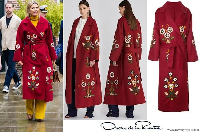 Queen Maxima wore Oscar de la Renta claret multi embroidered wool cashmere coat