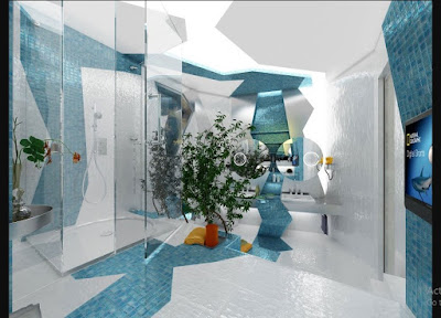 Teal Color House Interior Design with Geometry Creative Bathroom Design