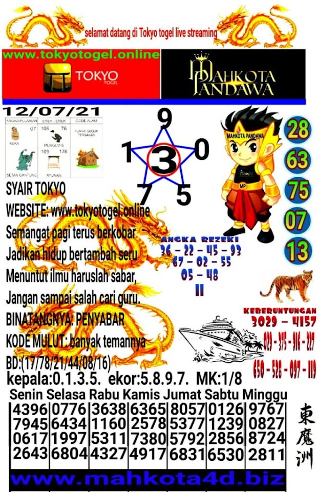 Syair Prediksi Tokyo Togel Senin, 12 - Juli - 2021