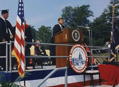 Kennedy delivering his Peace Speech. Licensed under Creative Commons.