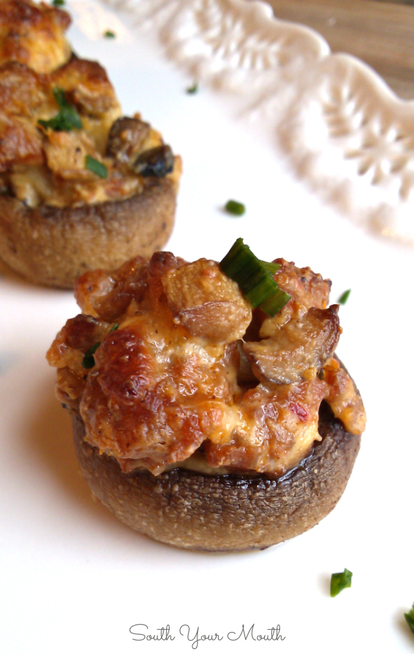 Cheesy Italian Sausage Stuffed Mushrooms! An easy recipe for mushrooms stuffed with Italian sausage and cheese perfect for appetizers or as a low carb side dish.