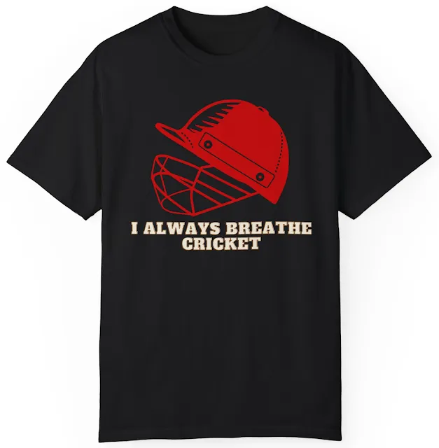 Garment Dyed Personalized Cricket T-Shirt With Cricket Helmet Filled Stroke and Quote I Always Breathe Cricket