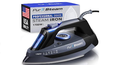  Roll over image to zoom in        Professional Grade 1700W Steam Iron for Clothes with Rapid Even Heat Scratch Resistant Stainless Steel Sole Plate, True Position Axial Aligned Steam Holes, Self-Cleaning Function