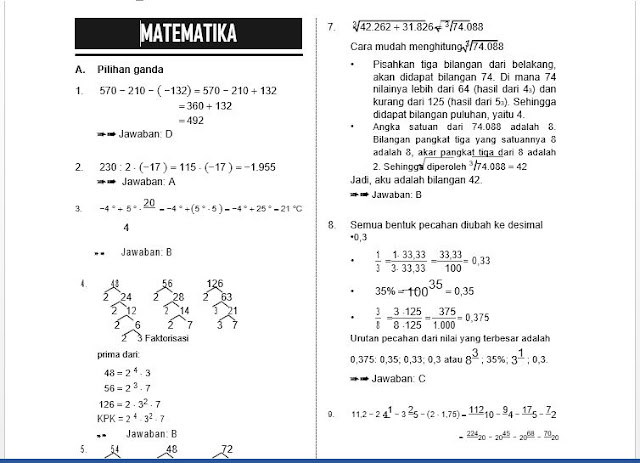 Download Paket Soal Latihan dan Pembahasan Matematika USBN Kelas VI  Download Paket Soal Latihan dan Pembahasan Matematika USBN Kelas VI (6) SD/MI