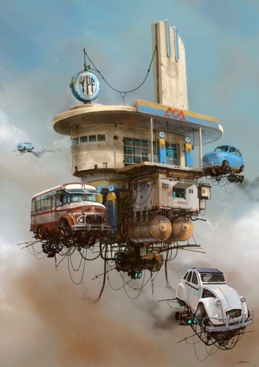 Alejandro Burdisio artstation arte ilustrações ficção fantasia vintage carros voadores robôs