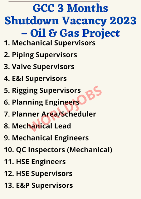 GCC 3 Months Shutdown Vacancy 2023 – Oil & Gas Project
