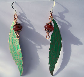 Sylvana: brass, sterling silver, copper, carnelian, etching, OOAK earrings :: All Pretty Things