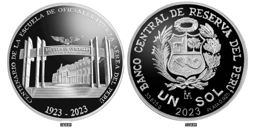 moneda de plata 100 años escuela de oficiales de la fuerza aerea del peru