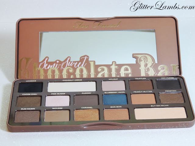 Too Faced "Semi-Sweet Chocolate Bar" Palette swatches review. Makeup eyeshadow-GlitterLambs.com Licorice, Coconut Creme, Nouget, Truffled, Hot Fudge, Cocoa Chili, Pink Sugar, Puddin', Blueberry Swirl, Peanut Butter, Frosting, Rum Raisin, Mousse, Caramel, Bon Bon, Butter Pecan